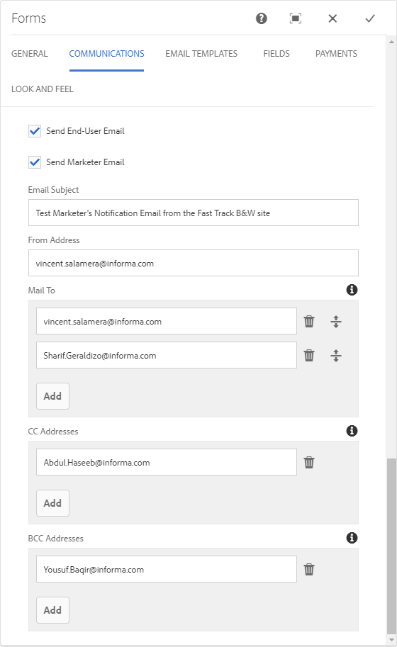 Form Communications Tab